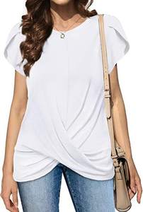 เสื้อยืดแขนสั้นผู้หญิงลำลองพิมพ์ลายโลโก้ปี 2022 ผ้าไม่เป็นขุย แขนทรงกลีบดอกไม้ ชายเสื้อสม็อค ผูกเชือก คอวี ทรงบิดเกลียว - Product Image 4