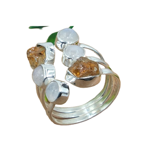 Anillo de Plata de Ley 925 con Piedra Lunar Azul Natural y Citrino, Anillo Ajustable, Joyería, Regalo - Product Image 1