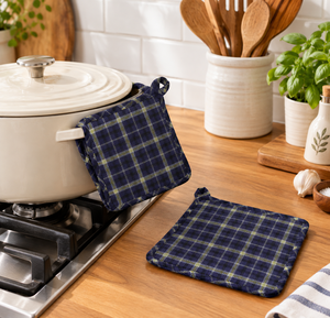 Support de casserole moderne en coton tissé à carreaux bleu marine, résistant à la chaleur, lavable, avec boucle de suspension - Product Image 3