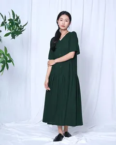 Women Boho Green V-Neck Linen Midi <b>Dress</b> With Short Sleeve <b>Loose</b> Fit Button Front Casual Daily Wear - Product Image 4