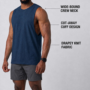 Camiseta sin mangas de algodón azul marino para hombre, cuello redondo, color sólido, informal, transpirable, de punto, de secado rápido y ecológica. - Product Image 3