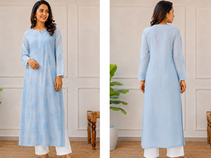 Kurta Recta de Algodón Bordada en Azul Polvo para Mujer, Compre Directamente del Proveedor - Product Image 4