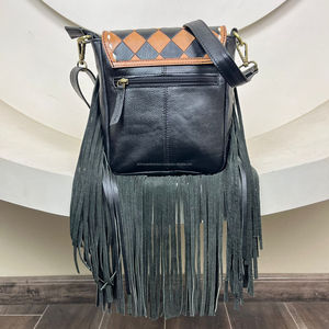 กระเป๋าสะพายข้างหนังวัวสำหรับผู้หญิงสีน้ำตาลและสีดำ - Product Image 5