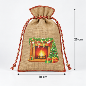 Pochette cadeau en jute naturel imprimée motif 'Christmas Cottage Flame' 19x25 cm avec fermeture à cordon, sac cosmétique écologique, vente en gros OEM - Product Image 5