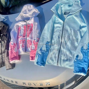 Sweat à capuche court pour hommes avec fermeture éclair graphique personnalisé vintage broderie patchwork poids lourd avec appliques lavées à l'acide 80% - Product Image 2