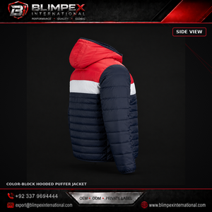 Veste matelassée à capuche color-block personnalisée BLIMPEX pour homme, coupe-vent d'hiver, épaisse, en polyester, décontractée, avec fermeture éclair sur le devant et logo - Product Image 4