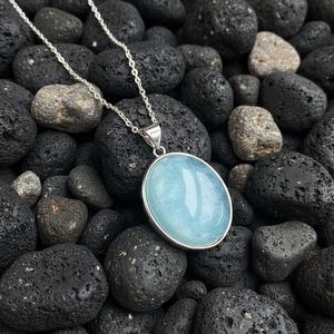 Pendentif ovale en aquamarine naturelle, argent sterling 925 plaqué or 14 carats, pierre précieuse bleue, cadeau de bijoux pierre de naissance de mars - Product Image 2