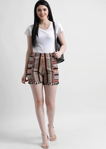 Women's Printed Geometric Shorts High Waist <b>Elastic</b> Breathable With Tassel Decoration Regular Fit Cotton Bamboo Fiber - Product Image 3