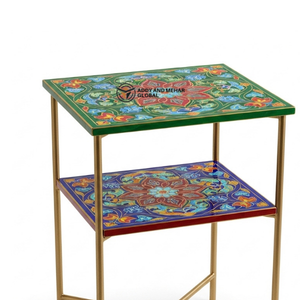 Mesa Auxiliar Artesanal Multicolor con Incrustaciones de Hueso y Estructura Metálica – Mesa Decorativa de Dos Niveles para Sala de Estar y Otomanas - Product Image 6