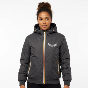 Veste à capuche noire pour homme avec logo aile, fermeture éclair, coupe-vent, style décontracté hiver, rembourrage polyester épais - Product Image 6