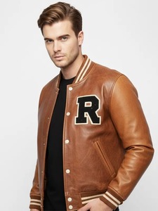 Chaqueta Varsity de Cuero Marrón para Hombre - Product Image 3