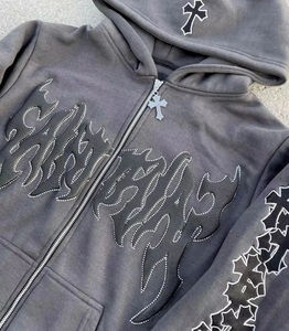 Men's Winter High Street Fleece Patchwork Breathable Quick-Dry Acid Wash Tracksuit Sun Faded <b>Rhinestone</b> Zip-Up <b>Hoodie</b> Elastic - Product Image 4