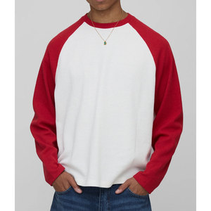T-shirt à manches longues raglan pour homme, blanc et rouge contrasté, en coton tricoté, col rond, coupe décontractée, t-shirts décontractés - Product Image 1