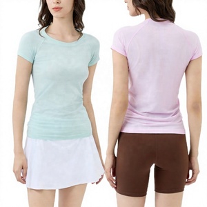 เสื้อยืดคอกลมแขนสั้นสำหรับผู้หญิง สีพื้น ระบายอากาศได้ดี เป็นมิตรกับสิ่งแวดล้อม แห้งเร็ว ผ้าสแปนเด็กซ์/ไนลอน ยับยาก ทรงเข้ารูป - Product Image 1