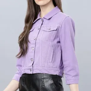 เสื้อแจ็คเก็ตยีนส์ผู้หญิงทรงเรียบง่ายสำหรับฤดูใบไม้ผลิ บุด้วยผ้าฝ้าย ซักแล้ว แขนยาว สีพื้น ดีไซน์กันน้ำ  สามารถสกรีนโลโก้ได้ - Product Image 5