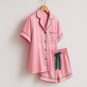 Cosh International Custom Logo Women's Pink Satin Short Sleeve Pajama Set With <b>Green</b> Trim Button Front Classic Style Summer Wear - Product Image 4