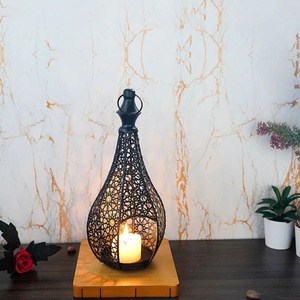 Moroccan Tear Drop Metal <b>Lanterns</b> Set Of 3 Intricate Cutout Design In Gold Copper & <b>Black</b> Finish For Exotic Home Decoration - Product Image 2
