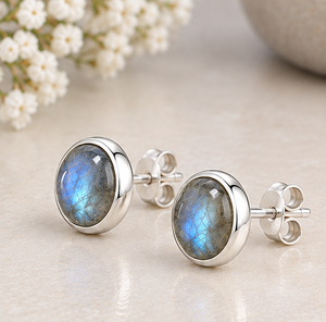Labradorite <b>Silver</b> <b>Stud</b> <b>Earrings</b>, Natural Labradorite Gemstone <b>Earrings</b>, 925 <b>Sterling</b> <b>Silver</b> Round <b>Studs</b>, - Product Image 4