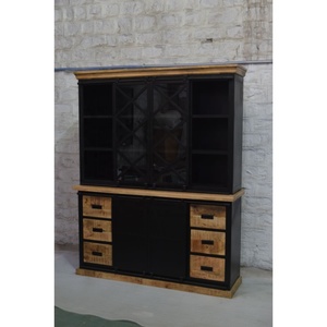 Gabinetes de salón clásicos europeos modernos estilo industrial hierro negro y madera de mango con almacenamiento de escaparate de exhibición de vidrio - Product Image 3