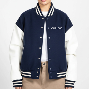 Unisex Varsity <b>Jacket</b> Navy <b>White</b> PU Sleeve Embroidered Logo Front Preppy Style Regular Fit Autumn Wear - Product Image 1