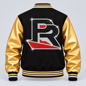 Chaqueta universitaria premium para mujer, estilo cheerleading, con pedrería, tipo bomber, con ribete a rayas, con OEM ODM - Product Image 4