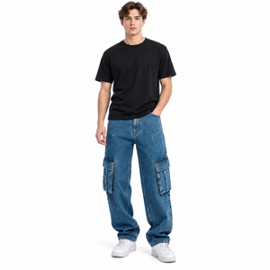 Jean cargo en denim délavé pour homme, coupe ample et décontractée, style vintage streetwear, pantalon multi-poches, fabricant OEM sous marque privée - Product Image 1