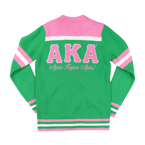 เสื้อคาร์ดิแกนสีเขียวชมพู AKA 1908 สำหรับผู้หญิง แบบถักติดกระดุม ปักลายเชนิลล์ สไตล์เครื่องแต่งกายชมรมหญิงชาวกรีก แขนยาว ทรงสวยทันสมัย - Product Image 2