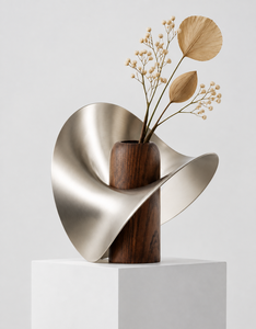 Vase de table minimaliste en acier inoxydable, fait main, porte-fleurs contemporain avec insert en bois foncé - Product Image 1