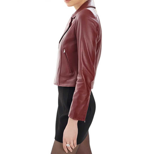 Chaqueta de Motociclista para Mujer, de Cuero Genuino, Impermeable y Resistente al Viento, Color Borgoña, Cierre Asimétrico, Cuello Camisero, Logotipo Personalizado OEM - Product Image 4