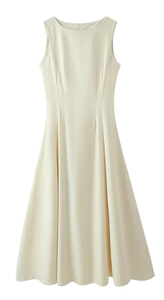 Elegante Vestido Midi sin Mangas con Cuello Redondo y Corte en A, con Cierres, para Uso Diario Informal, en Color Sólido, Tejido Entrecruzado, Silueta Ajustada - Product Image 3