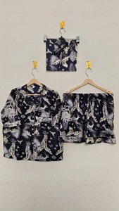 Luxury Artisanal Handcrafted <b>Black</b> Tropical Flora Knitted Cotton Summer Nightwear <b>Set</b> Breathable Comfortable Shorts Loungewear - Product Image 2