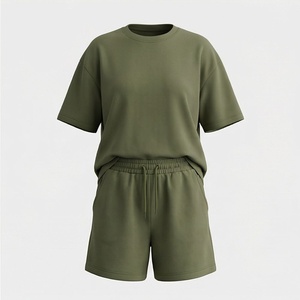 Conjunto Casual de 2 Piezas para Mujer en Verde Oliva, Camiseta de Manga Corta con Cuello Redondo y Pantalones Cortos de Punto por Encima de la Rodilla, Corte Holgado, Primavera - Product Image 1