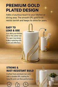 Elegant Gold Finish Metal <b>Tissue</b> <b>Paper</b> Holder Stand with Decorative Curved Design Freestanding Kitchen Countertop Napkin Roll - Product Image 3