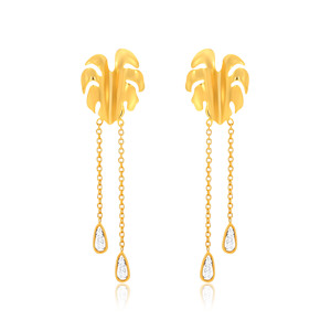 Luxury Gold Statement Drop <b>Earrings</b> with Botanical Leaf Inspired <b>Stud</b> Design Long <b>Chain</b> Dangles and Sparkling Teardrop Stone - Product Image 1