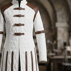Chaqueta de Lona Acolchada Medieval Gambeson, Abrigo Largo con Correas de Cuero y Mangas Desmontables, Disfraz de Cosplay - Product Image 3