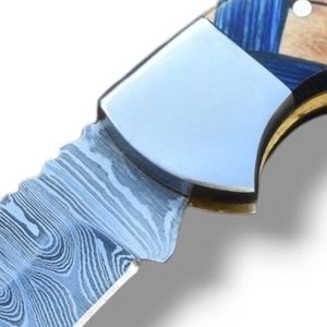 Cuchillos Plegables de Damasco Personalizados, Hechos a Mano, con Hoja con Patrón Decorativo, Empuñadura de Madera con Mosaico, Bolster Pulido, para Camping, Caza y Senderismo - Product Image 6