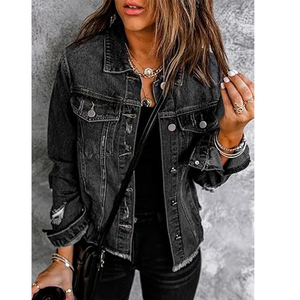 Chaqueta de Mezclilla Negra, Color Sólido, Cuello Camisero, Estilo Casual, Cierre de Botones, Corte Regular, Dobladillo Deshilachado, para Otoño - Product Image 1
