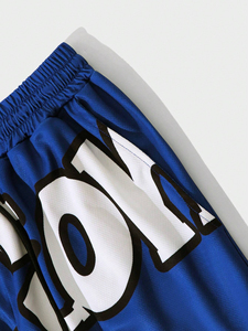 Short de plage en toile tricotée à cordon de serrage, imprimé lettres et étoiles, style décontracté et tendance, ample, pour sports de plein air, pour homme, été, bleu - Product Image 5