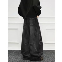 Pantalon long en jean vintage Rock Revival pour homme, noir et gris délavé, déchiré, coupe large, ample, fluide, style urbain tendance, jambe droite
