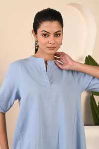 Robe midi en coton pour femmes, coupe évasée, bleu uni, manches courtes, décontractée, ample, robe d'été - Product Image 4