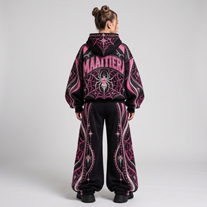 Conjunto Deportivo de Sudadera con Capucha y Pantalones Anchos con Diseño de Telaraña y Pedrería en Negro y Rosa para Mujer, Estilo Gótico Urbano, Proveedor Mayorista OEM ODM Personalizado - Product Image 2