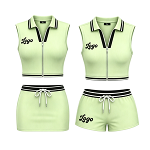 Conjunto Deportivo de 2 Piezas para Mujer, Top de Manga Corta con Cierre y Pantalones Cortos de Lona Tejida, Color Sólido, Estilo Halter, Ajuste Deportivo, Transpirable, para Primavera - Product Image 4