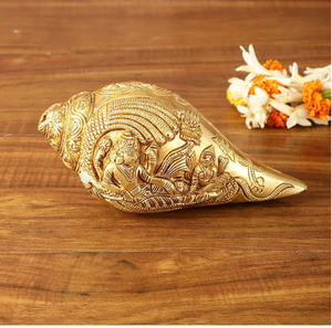 Multicolor stone-studded brass shankh with artistic peacock designs, finely handcrafted, available at wholesale prices. - Product Image 4