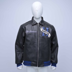 The Standard Men Black Leather Bomber <b>Jacket</b> With Embroidered Hampton Patch Zipper Front Turn-down Collar Preppy Style <b>Jackets</b> - Product Image 1