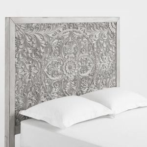 Luxury Handcrafted Solid Wood Bed <b>Frame</b> Ornate Mandala Floral Carving <b>Antique</b> White Wash Finish - Product Image 3