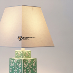 Lámpara de Mesa Rectangular Decorativa de Lujo con Incrustaciones de Hueso Verde Hechas a Mano, con Patrón Floral y Pantalla de Tela - Product Image 2