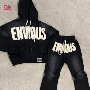 Ensemble de survêtement délavé pour homme, manches longues, couleur unie, broderie personnalisée, coupe ample, sweat à capuche en coton et pantalon avec cordon de serrage et poches - Product Image 1