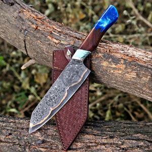 Couteau de chef Santoku artisanal en cuivre Damas de qualité supérieure, lame forgée de 8 pouces, ultra-affûtée, compatible lave-vaisselle, manche en bois, couteau de cuisine - Product Image 3