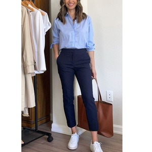 Fabrication directe usine – Pantalon crayon rayé en tissu Oxford anti-plis pour femme – Tenue de bureau formelle ou décontractée – Long costume - Product Image 2