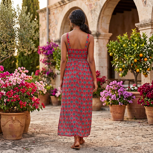 Vestido maxi bohemio sin mangas con cuello en V y abertura alta, estampado geométrico, de rayón tejido, corte A, cintura imperio, para uso diario de verano. - Product Image 2